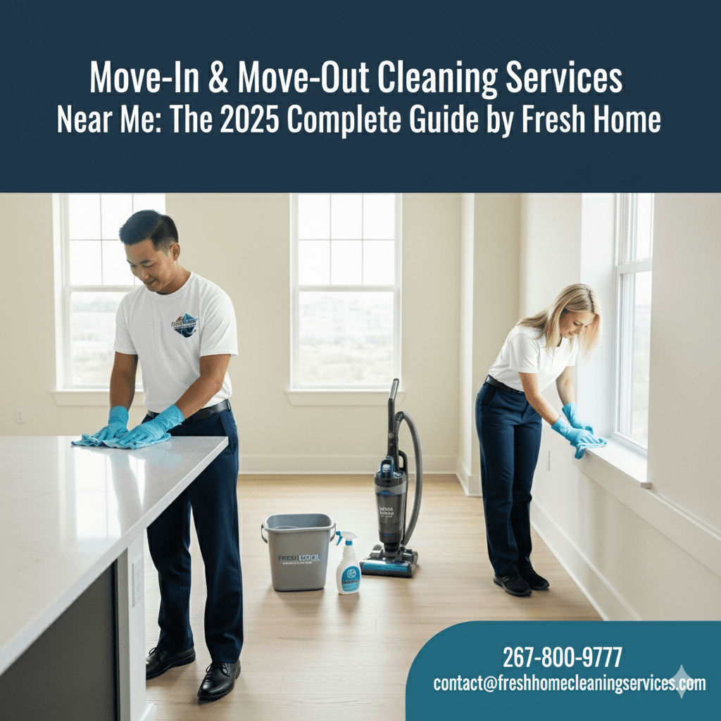 Two Fresh Home cleaners in white t-shirts with the company logo and black pants meticulously clean an empty, sunlit apartment. The male cleaner wipes a kitchen countertop, and the female cleaner cleans a window, with professional cleaning supplies and a HEPA vacuum nearby. The scene conveys a fresh, professional, and stress-free moving experience. Overlay text includes the title "Move-In & Move-Out Cleaning Services Near Me: The 2025 Complete Guide by Fresh Home" and contact information.