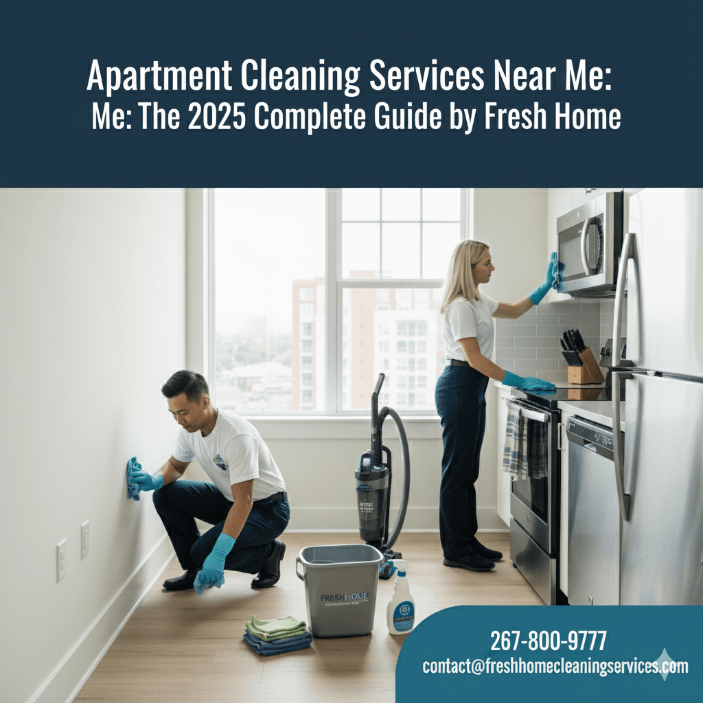 professional Fresh Home cleaners, dressed in white branded t-shirts and black pants, meticulously clean a modern apartment kitchen. One cleaner is wiping down a wall and baseboard, while the other cleans a microwave above a stove. Cleaning supplies, including a Fresh Home bucket and a HEPA vacuum, are neatly placed nearby. The scene conveys efficient, high-quality apartment cleaning. The image includes overlay text: "Apartment Cleaning Services Near Me: The 2025 Complete Guide by Fresh Home" and contact information: "267-800-9777" and "contact@freshhomecleaningservices.com