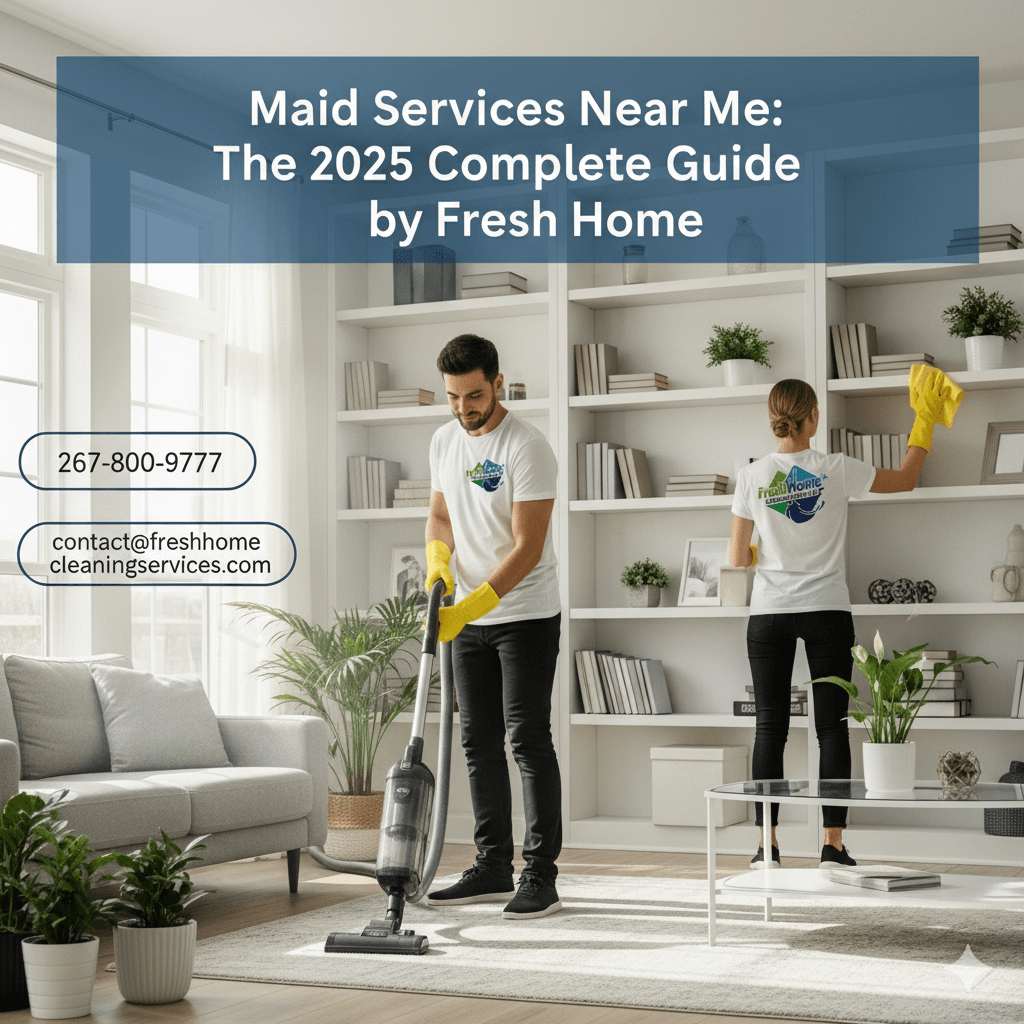 Two professional Fresh Home cleaners, wearing white t-shirts with the Fresh Home logo, black pants, and yellow gloves, perform maid services in a modern living room. A man uses a stick vacuum on a rug, while a woman wipes down a bookshelf with a yellow cloth. The scene conveys professionalism, efficiency, and a clean home environment. The image includes a blue overlay banner at the top with the text "Maid Services Near Me: The 2025 Complete Guide by Fresh Home" and contact bubbles with "267-800-9777" and "contact@freshhomecleaningservices.com".