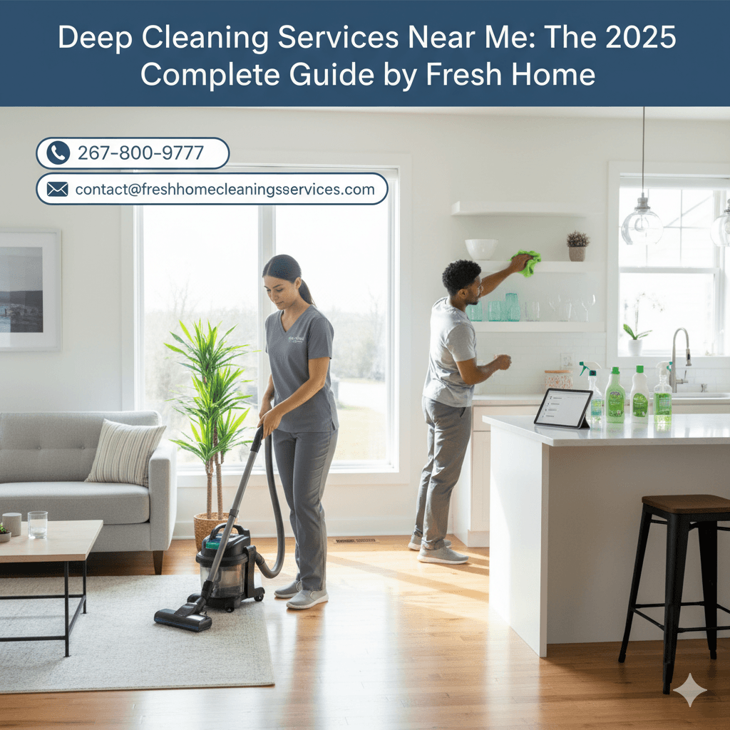A bright, modern living room and kitchen being deep cleaned by two Fresh Home cleaners. One person vacuums the rug in the living area, while another wipes shelves in the kitchen. Cleaning products are neatly arranged on the kitchen island. Overlay text features the title "Deep Cleaning Services Near Me: The 2025 Complete Guide by Fresh Home" and contact information: 267-800-9777 and contact@freshhomecleaningservices.com.