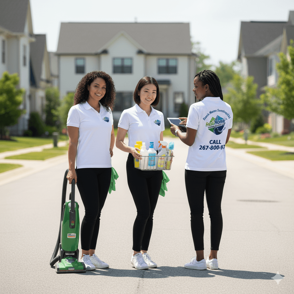 Three professional cleaners from Fresh Home Cleaning Services LLC stand on a residential street. They are wearing black leggings and white polo shirts with the company logo on the chest. The woman on the left holds a green Bissell Commercial vacuum, the woman in the middle holds a cleaning caddy, and the woman on the right has the company logo and phone number, 267-800-9777, printed on the back of her shirt. They look confident and ready to provide home cleaning services near you.