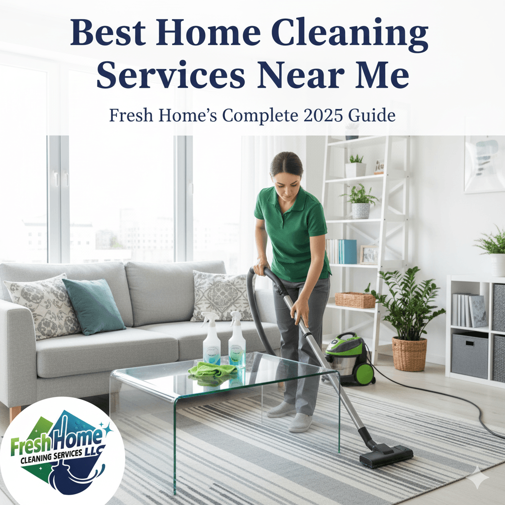 Professional woman from Fresh Home Cleaning Services cleaning a modern, tidy living room with a vacuum cleaner and cloth, with the company's logo in the corner.